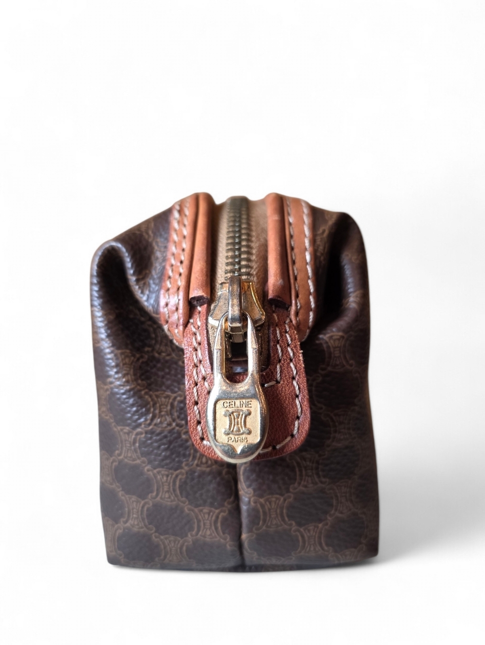 Celine Macadam Small Cosmetic Bag Brown PVC Canvas Leather Vintage Make Up Case - Picture 3 of 11